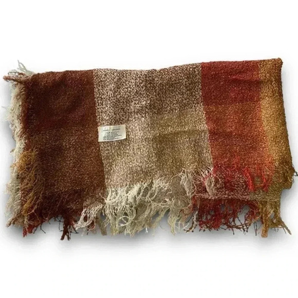 Baar and Beards Japan Knit Scarf Shawl Wrap Warm Plaid Bouclé Loom Fringe Vtg - Picture 2 of 5